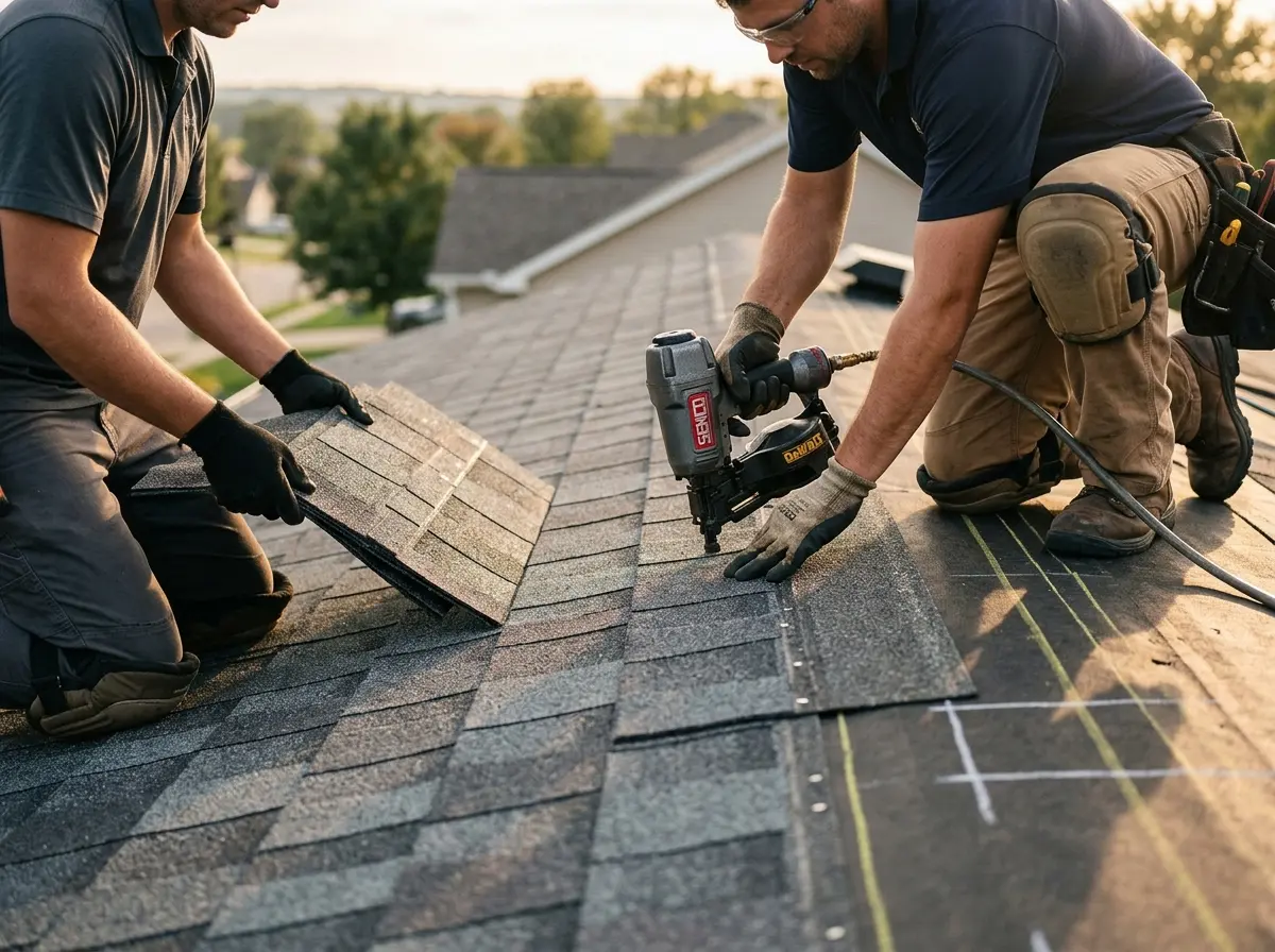 Professional roofer working on a residential roof in Liberty Triangle